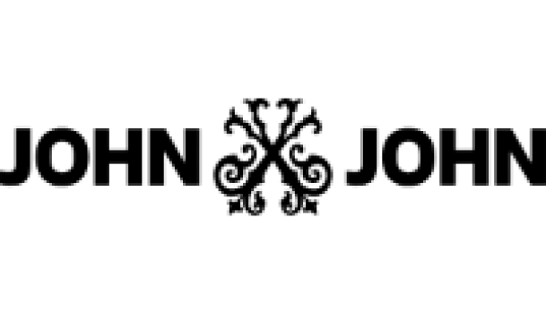 Logo John John com o nome da marca e elementos em preto.