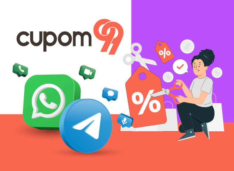 logo do WhatsApp, Telegram e Cupom 99 junto de imagem de cupom e desenho de personagem feminino