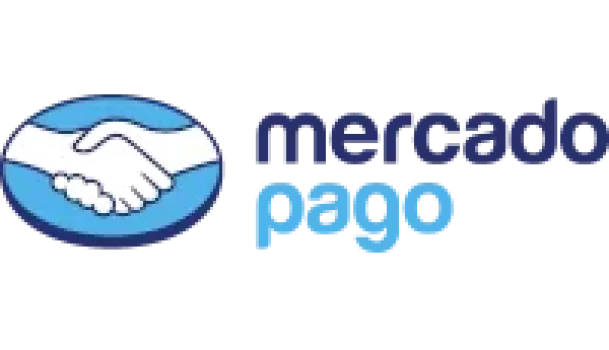 Logo Mercado Pago em diferentes tons de azul e branco.