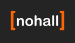 Logotipo da loja Nohall com fundo na cor preta e o nome da loja em branco entre parênteses na cor laranja.