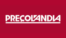 Logotipo da loja Preçolandia com letras na cor branca sobre um fundo na cor vermelha.