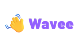Logo da marca Wavee com a figura de um emoji de mão acenando na cor amarela acompanhdo do nome da marca em violeta.