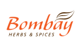 Logo da loja Bombay Herbs e Spices nas cores laranja e marrom com a imagem de uma folha sobre o nome da marca.