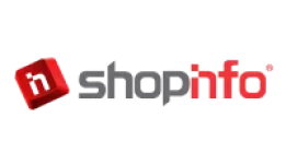 Logo Shopinfo acompanhado do nome da marca nas cores cinza, vermelho e branco.