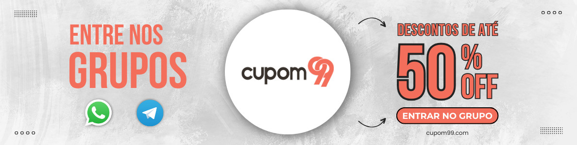 logotipo do site cupom 99 e chamada para entrar em grupos de WhatsApp e Telegram para receber descontos de até 50%.