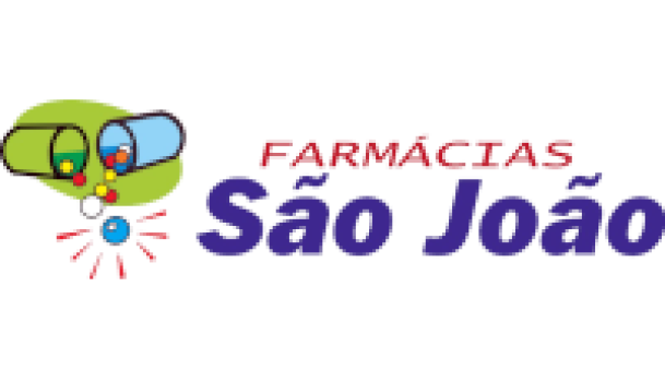 Logo Farmácia São João nas cores azul, vermelho e verde.
