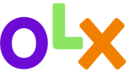 Logo OLX com as três letras que forma o nome da empresa nas cores roxa, verde e laranja respectivamente.