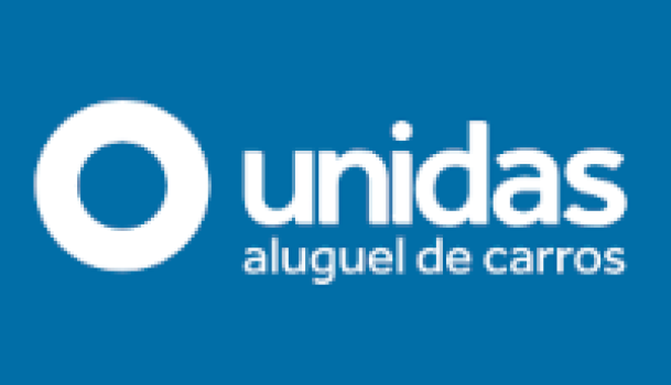 Logo Unidas Aluguel de carros com o nome da marca acompanhada da figura de um circulo todos em branco sobre um fundo azul.