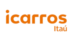 Logo Icarros Itaú com as letras do nome da marca na cor laranja.