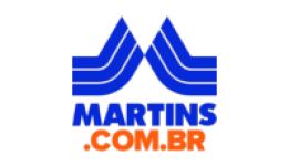 Logo Martins Atacado com a inscrição "Martins.com.br" nas coreslaranja e azul.