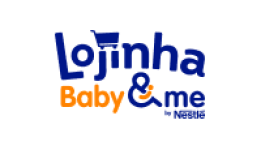 Logo Lojinha Baby & Me com o nome da marca nas cores azul e laranja.