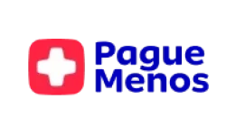 Logo Pague Menos com o nome da marca em azul acompanhado de um quadrado em vermelho contendo uma figura em formato de cruz em branco.