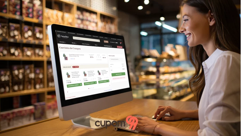 Uma mulher em uma loja de chocolates, sentada olhando para um monitor de computador mostrando a imagem do carrinho de compras da loja online de chocolates Cacau Show. A mulher tem uma expressão feliz enquanto olha para a tela.