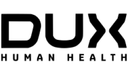 Logo apresentando a palavra "DUX" em letras maiúsculas e em negrito acima da frase "HUMAN HEALTH" em letras menores.