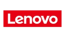 Logo Lenovo com o nome da marca em branco sobre um fundo na cor vermelha.