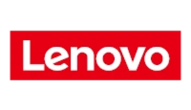 Logo Lenovo com o nome da marca em branco sobre um fundo na cor vermelha.