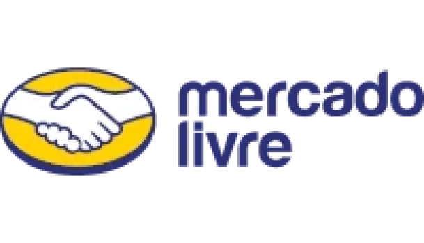 Logo Mercado Livre nas cores azul, branco e amarelo.